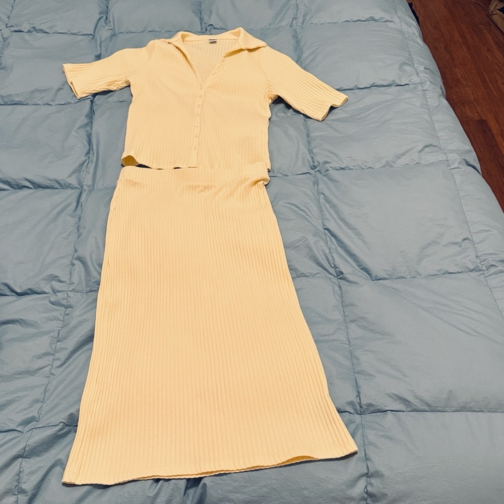Ribbed Button Down Polo & Skirt Set